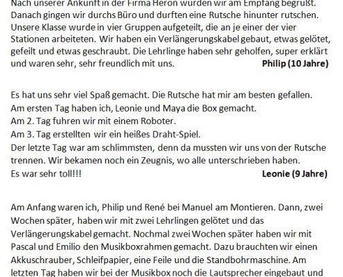 Schülerberichte zum Projekt Kinder in die Technik