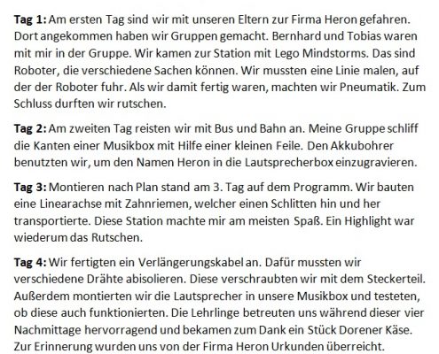 Schülerberichte zum Projekt Kinder in die Technik